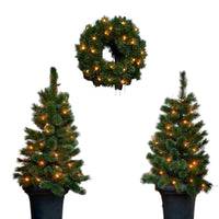 Black Box 2x Schneebedeckter künstlicher Weihnachtsbaum + 1x Adventskranz 'Glendon' inkl. LED-Beleuchtung